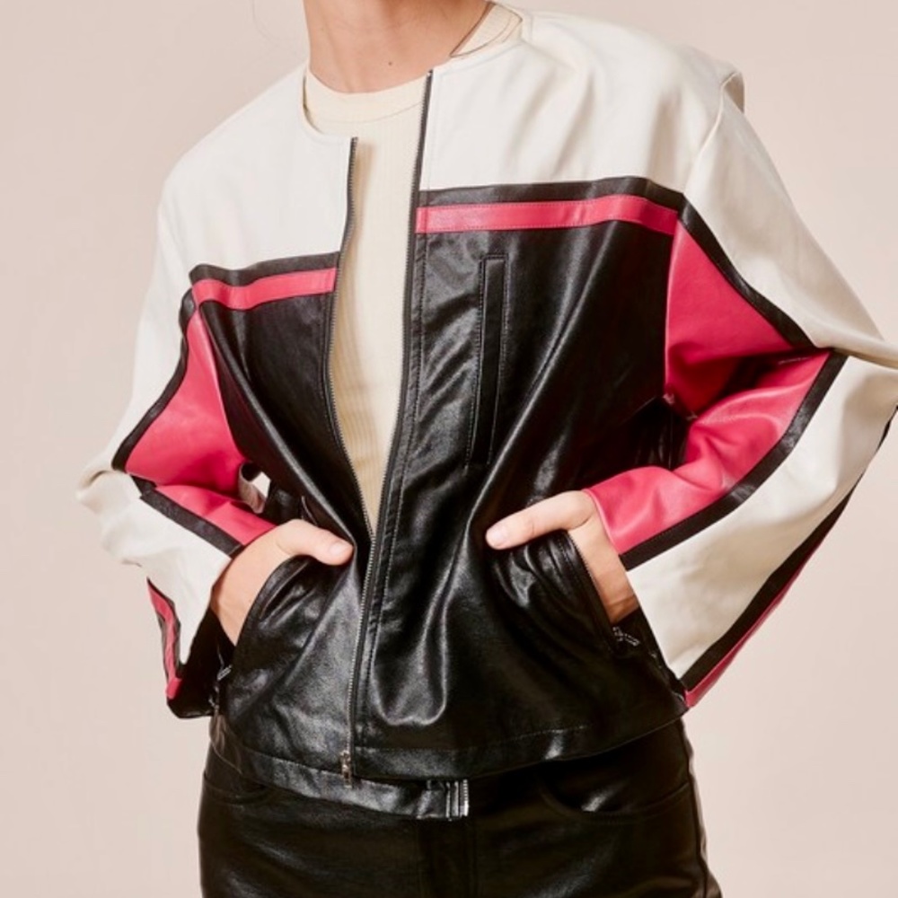 Striped Moto Jacket Multicolor Black White Red Vegan Leather